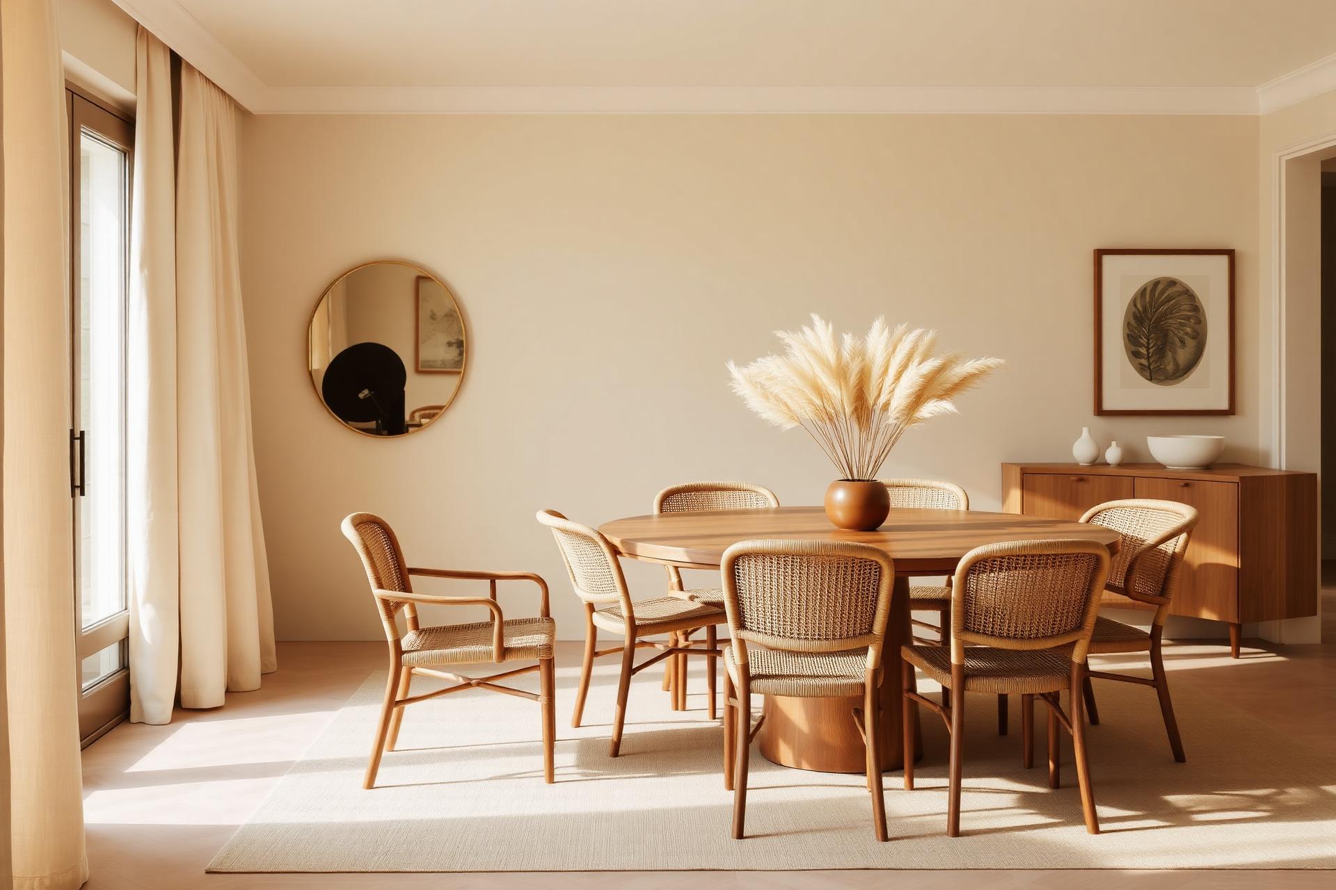 Handcrafted teak dining table and rattan chairs in warm interior